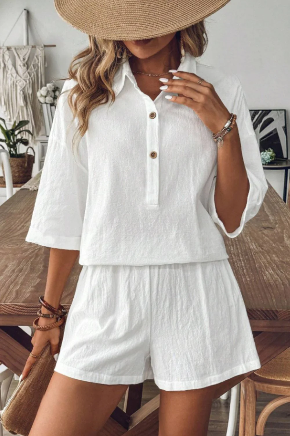 Collared Neck Half Sleeve Top and Shorts Set - Image 2