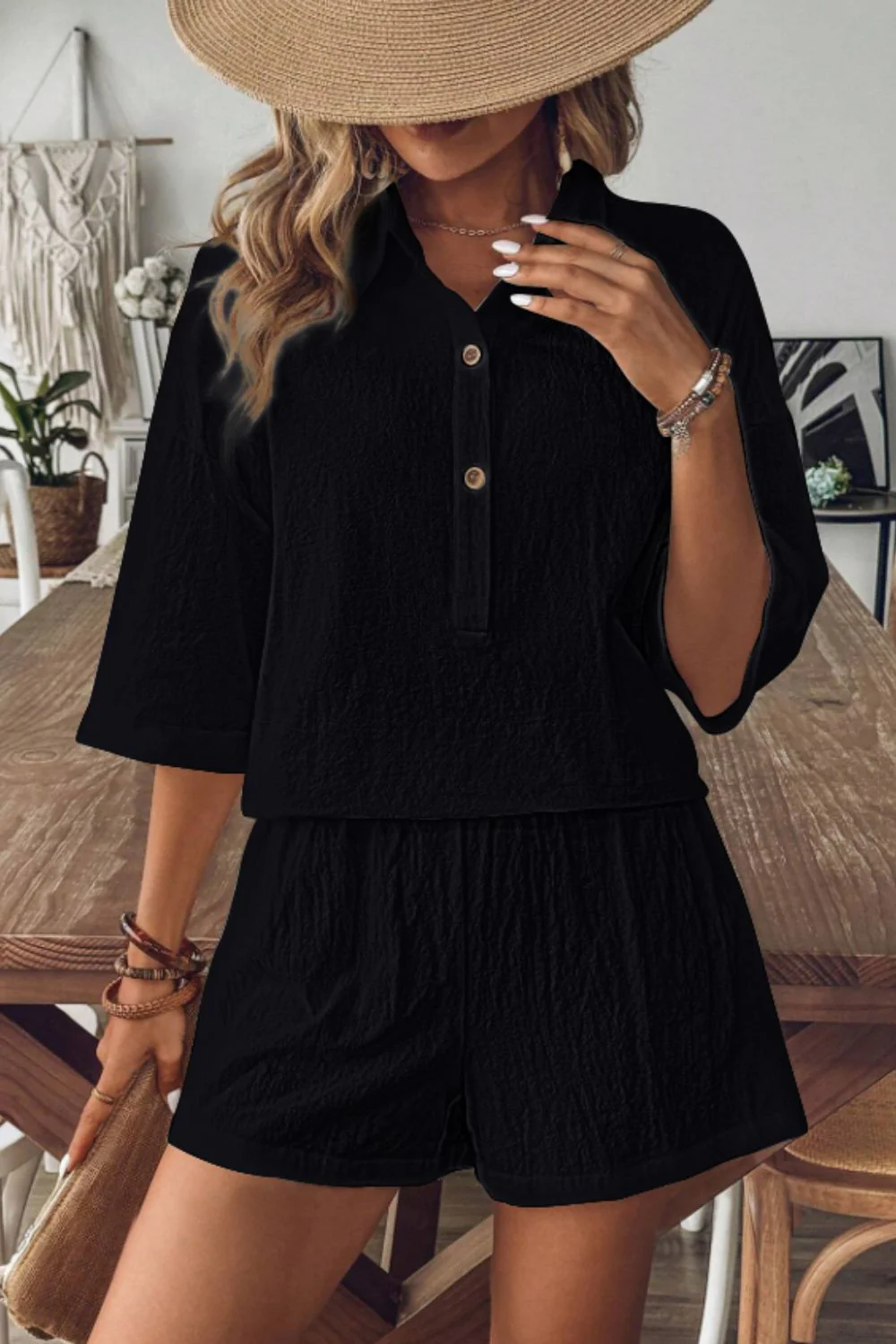 Collared Neck Half Sleeve Top and Shorts Set - Image 6