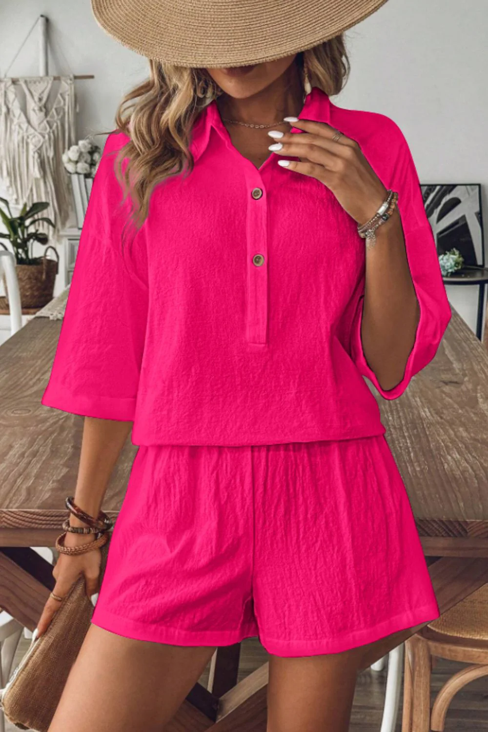 Collared Neck Half Sleeve Top and Shorts Set - Image 9