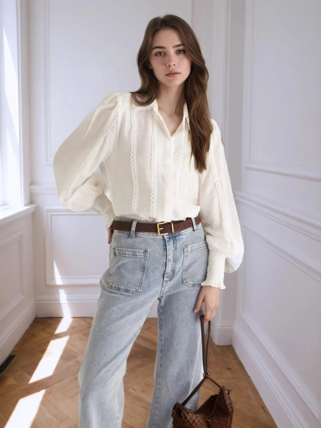 Collared Neck Lantern Sleeve Shirt