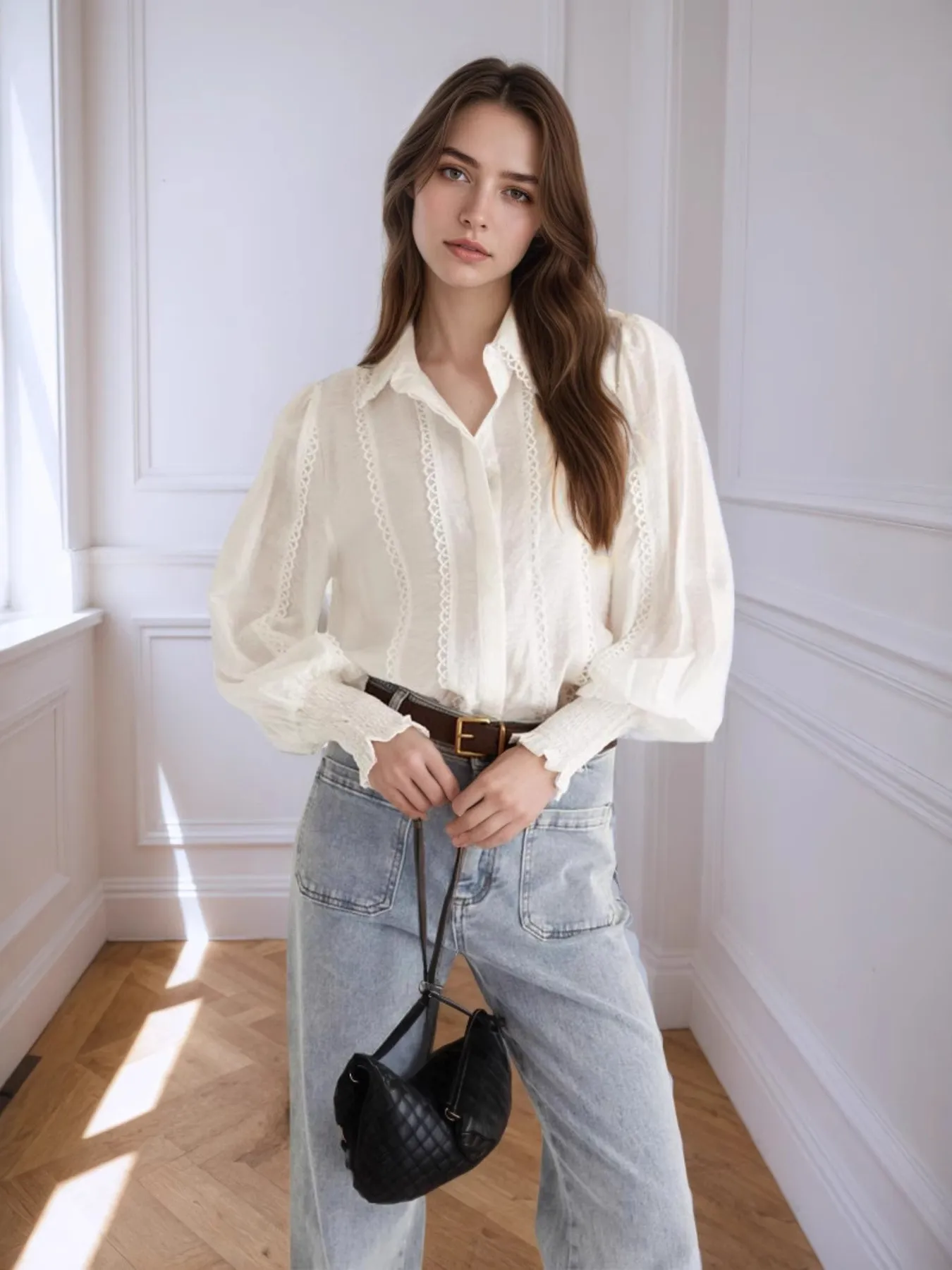 Collared Neck Lantern Sleeve Shirt - Image 2