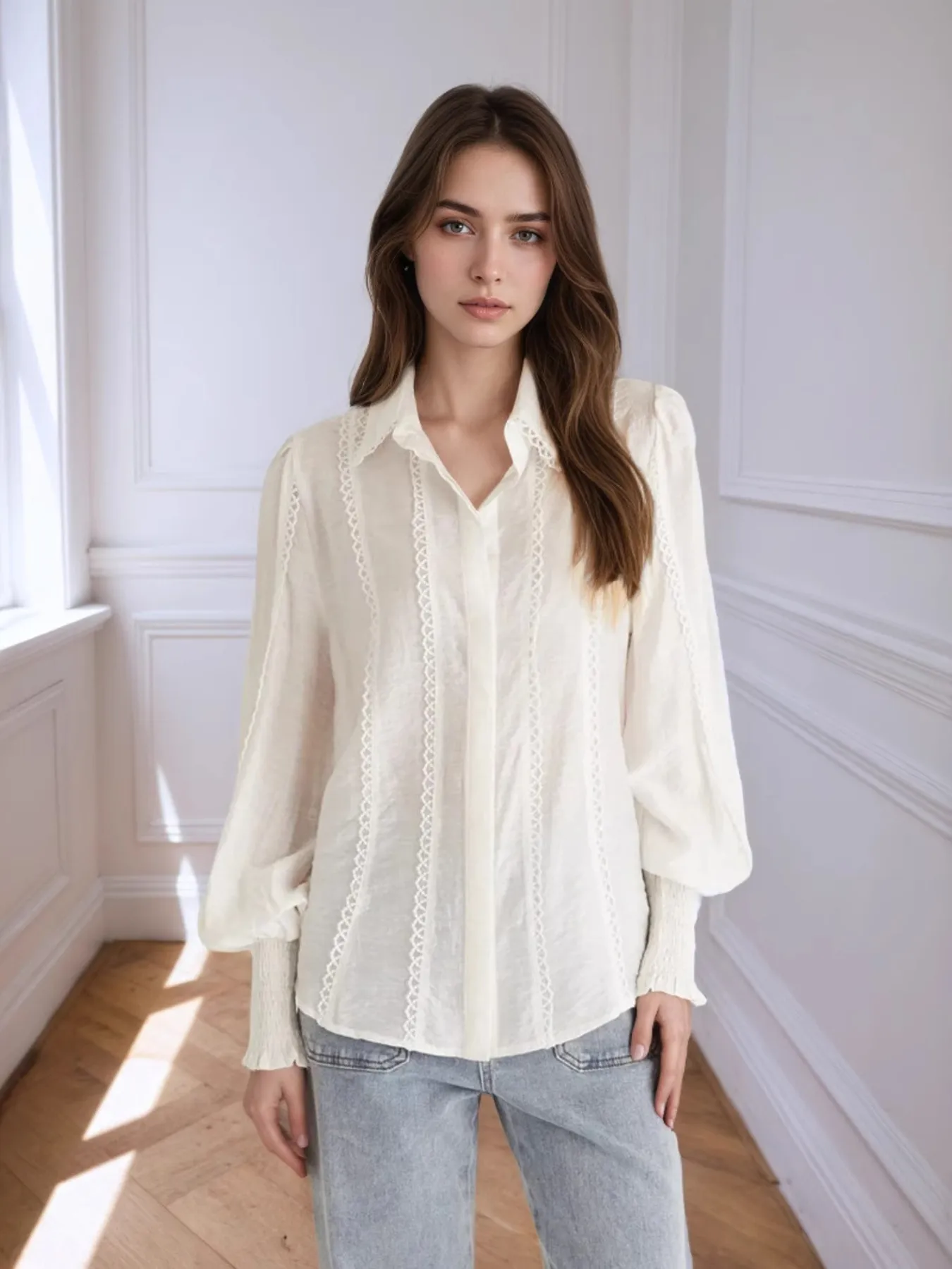Collared Neck Lantern Sleeve Shirt - Image 3