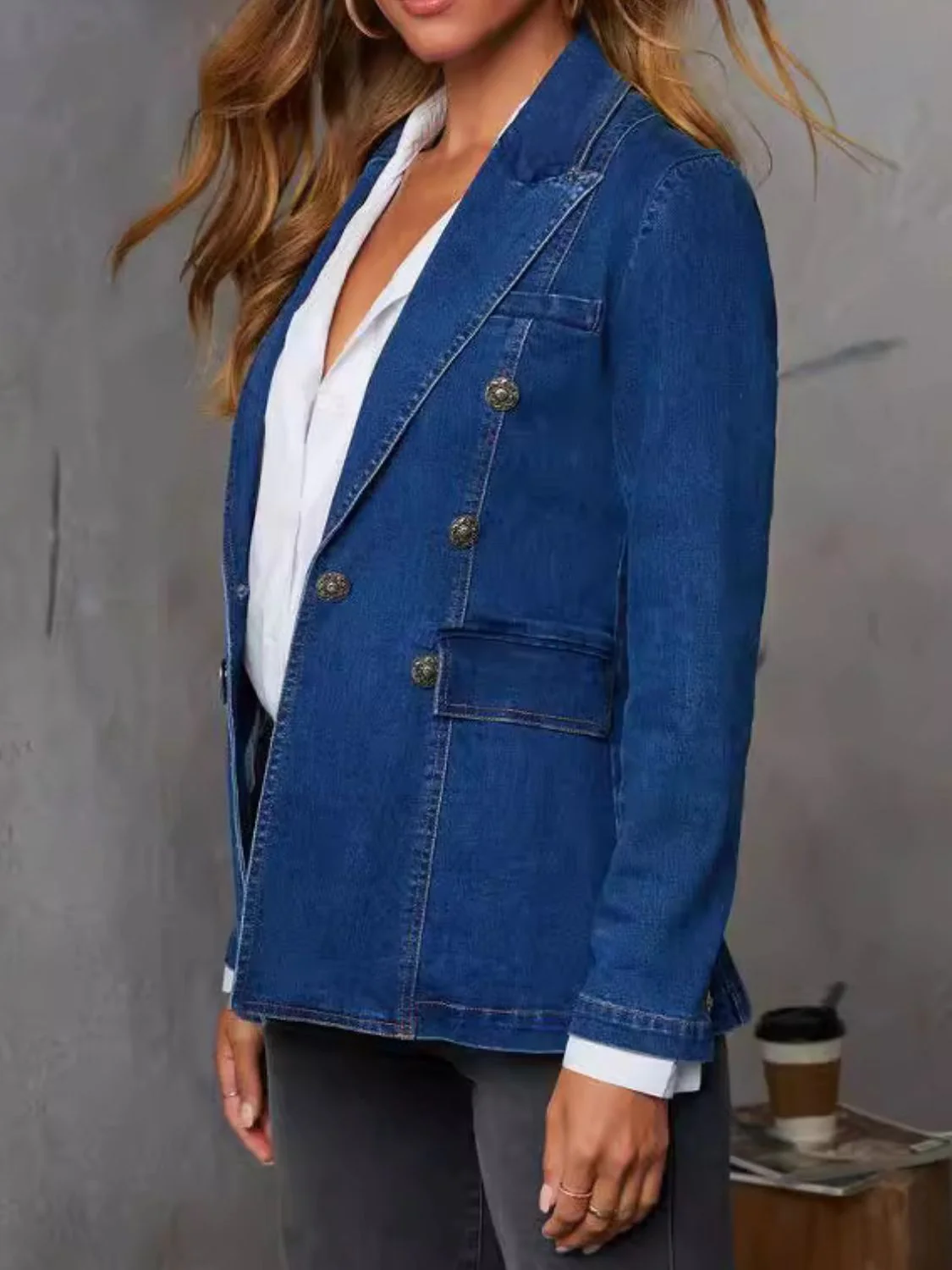 Collared Neck Long Sleeve Denim Jacket - Image 2