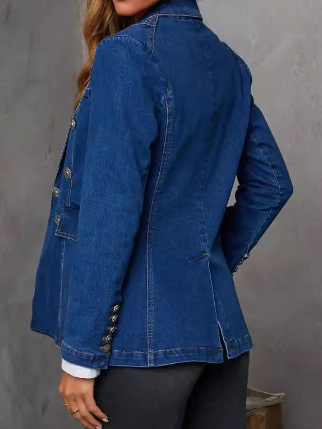 Collared Neck Long Sleeve Denim Jacket - Image 3