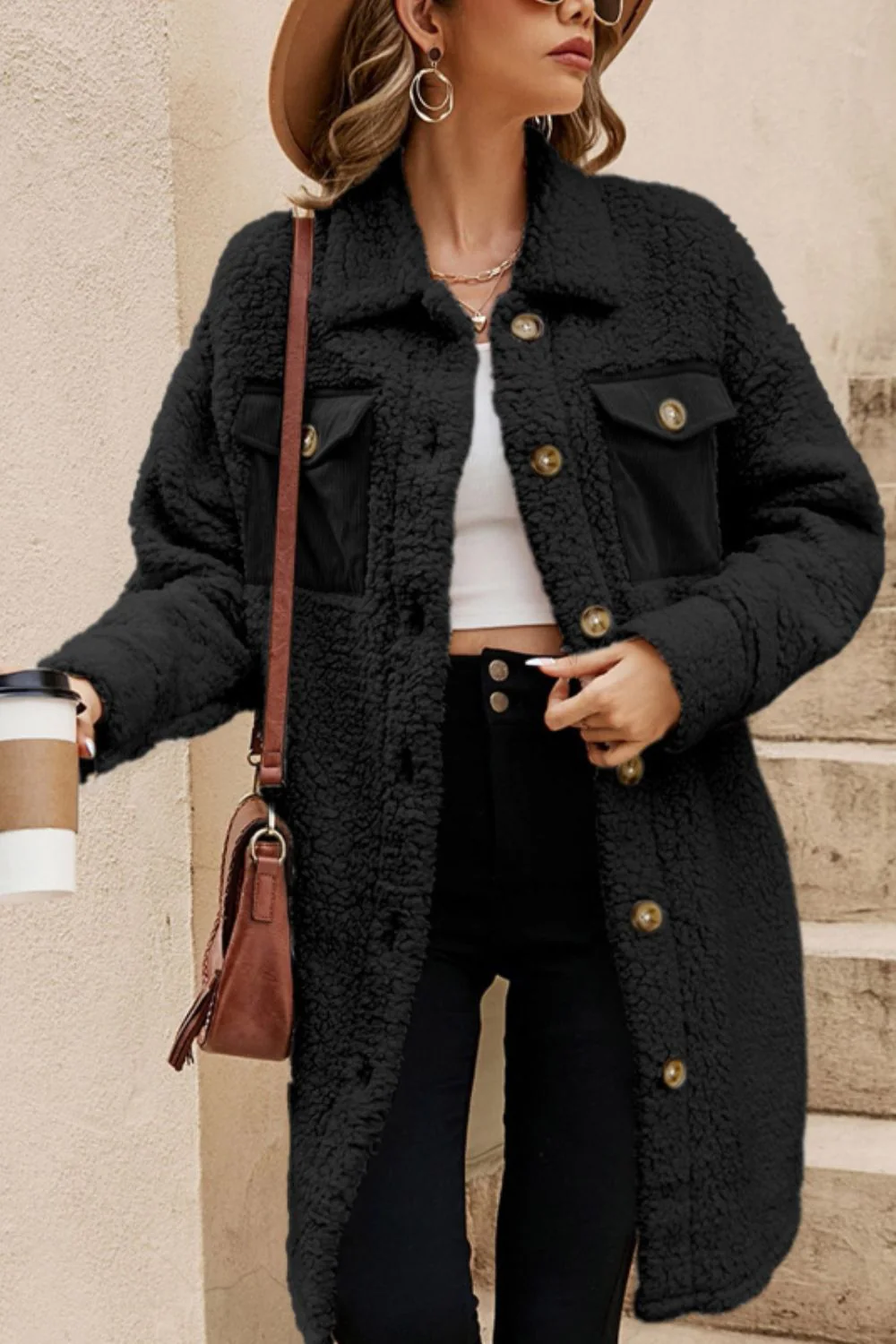 Collared Neck Long Sleeve Longline Teddy Jacket - Image 19