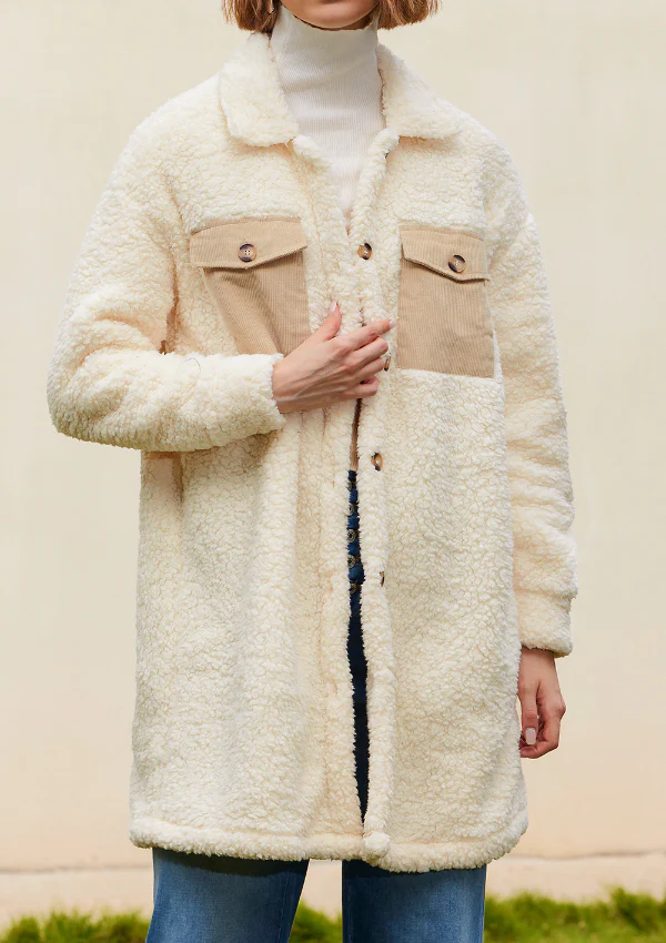 Collared Neck Long Sleeve Longline Teddy Jacket - Image 2
