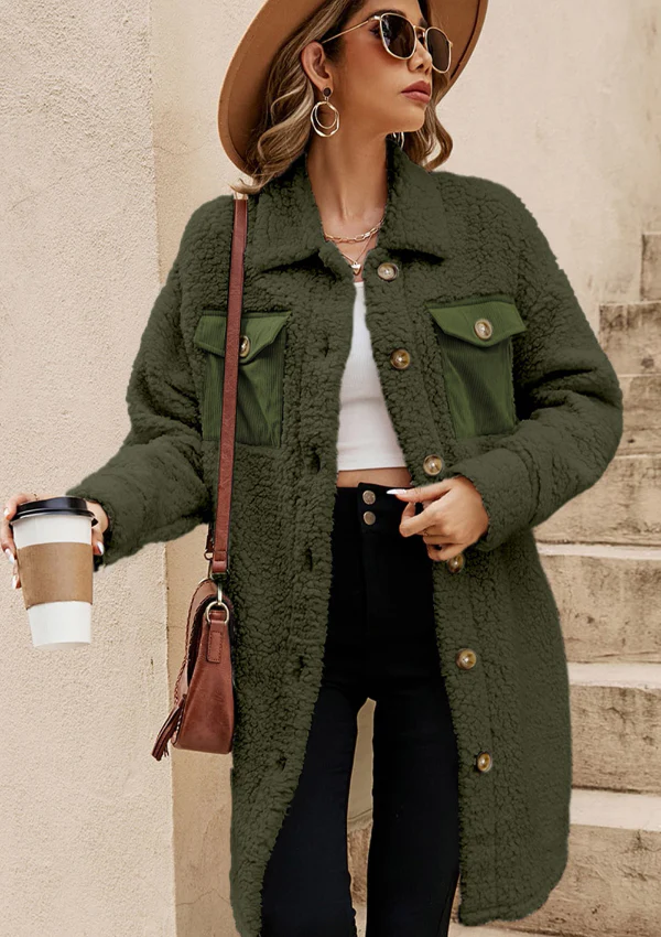 Collared Neck Long Sleeve Longline Teddy Jacket - Image 23