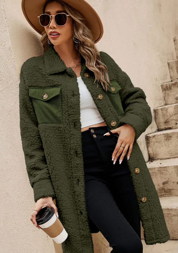 Collared Neck Long Sleeve Longline Teddy Jacket - Image 24