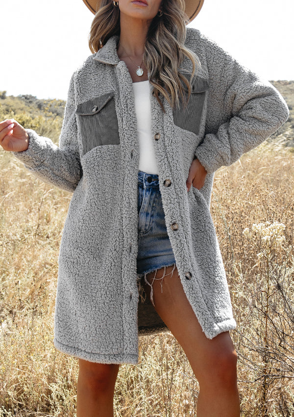 Collared Neck Long Sleeve Longline Teddy Jacket - Image 28