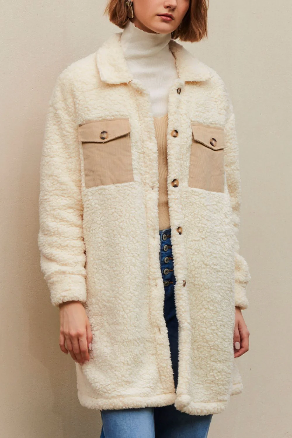 Collared Neck Long Sleeve Longline Teddy Jacket - Image 3