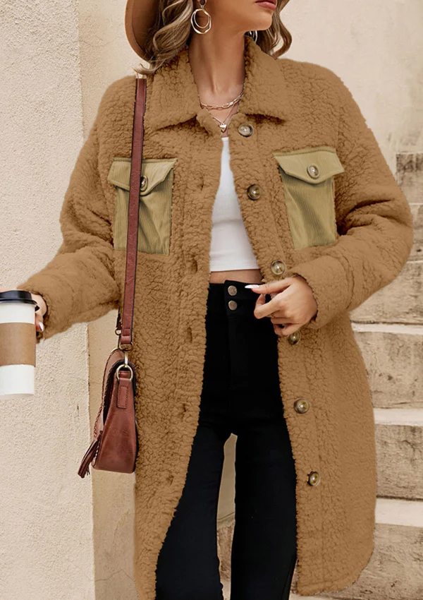 Collared Neck Long Sleeve Longline Teddy Jacket - Image 7