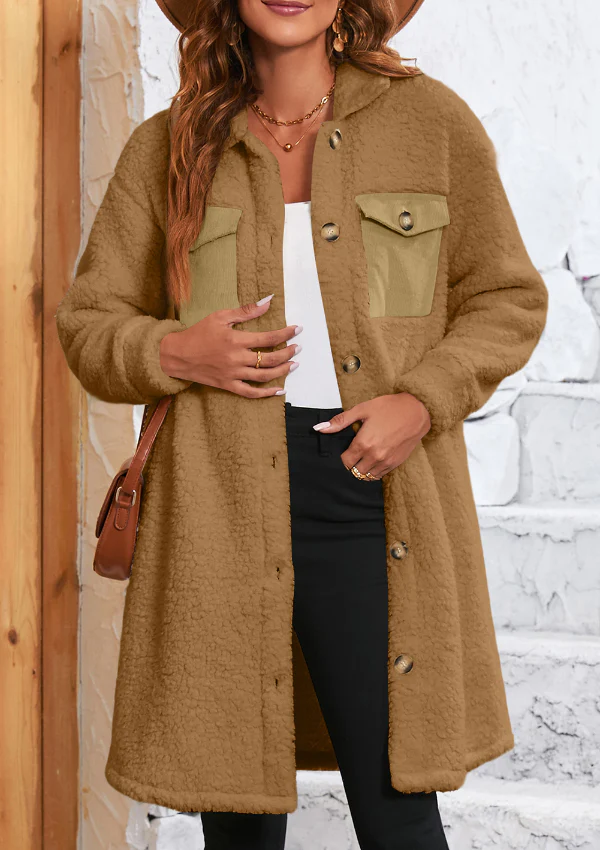 Collared Neck Long Sleeve Longline Teddy Jacket - Image 8