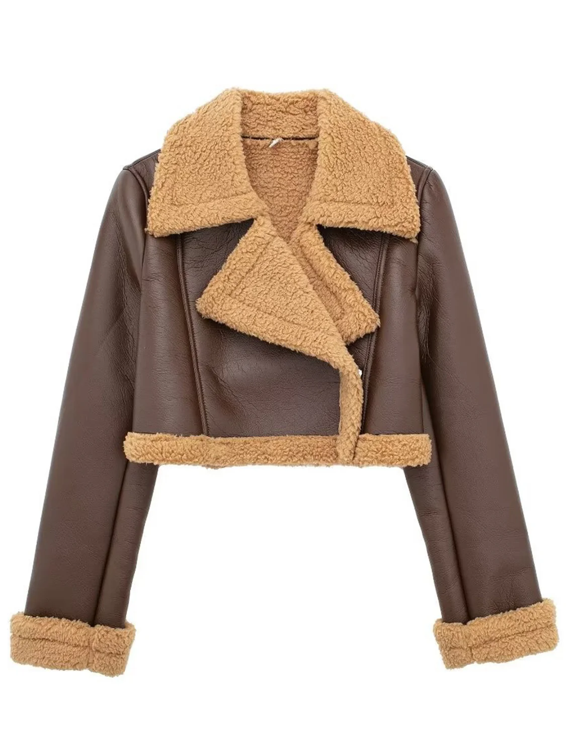 Collared Neck Long Sleeve Plush Cropped Jacket - Image 17