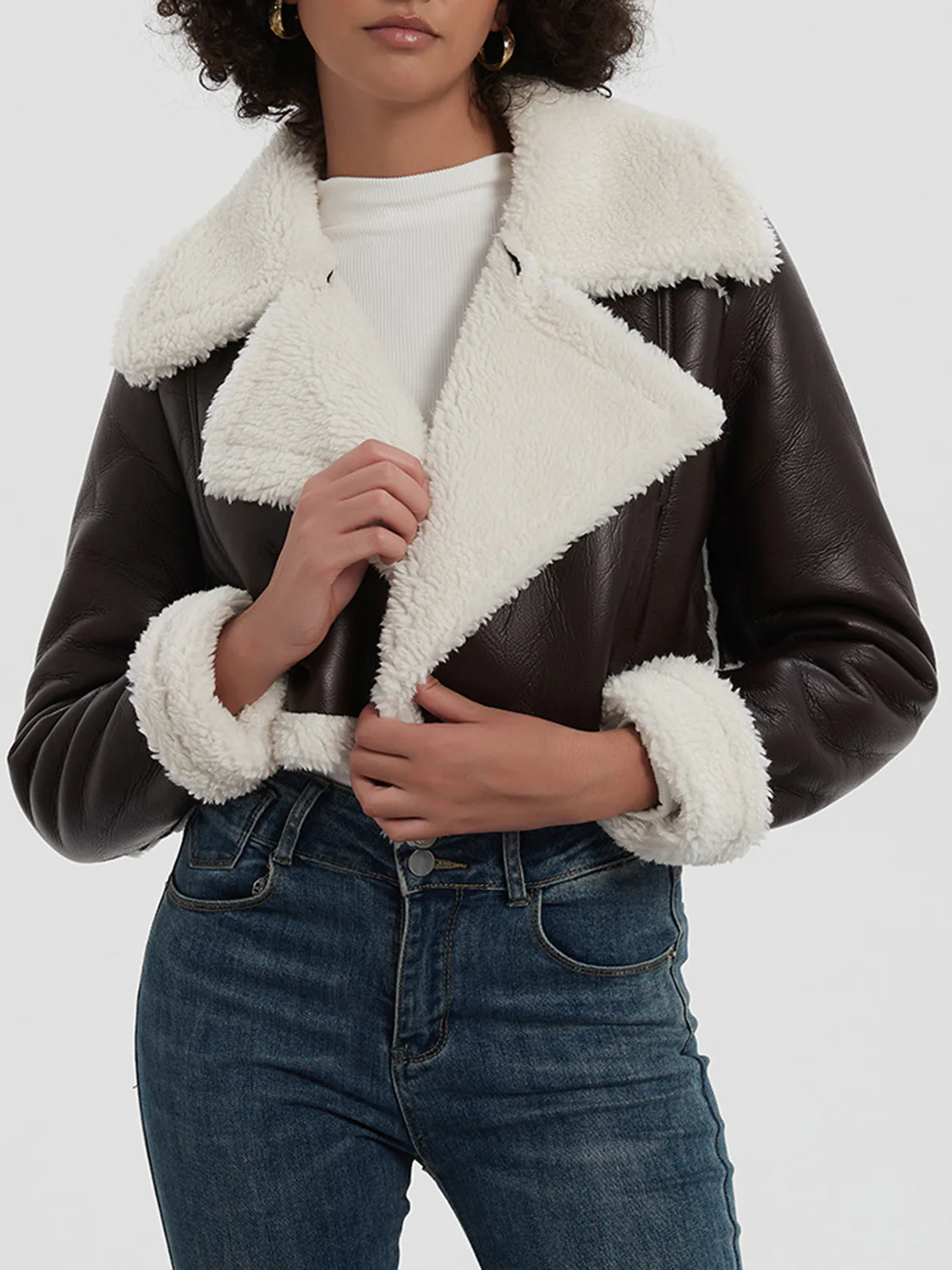 Collared Neck Long Sleeve Plush Cropped Jacket - Image 2