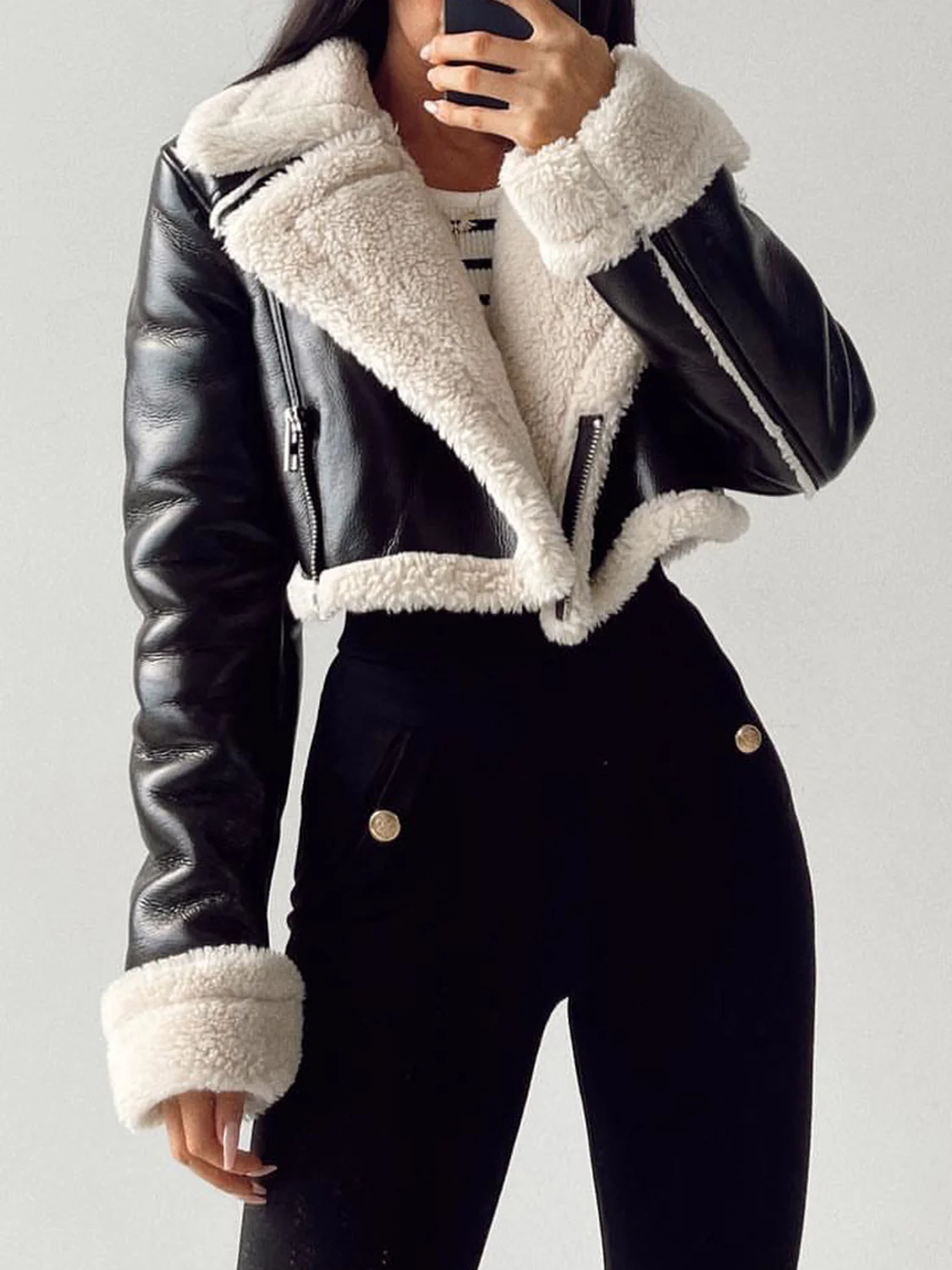 Collared Neck Long Sleeve Plush Cropped Jacket - Image 6