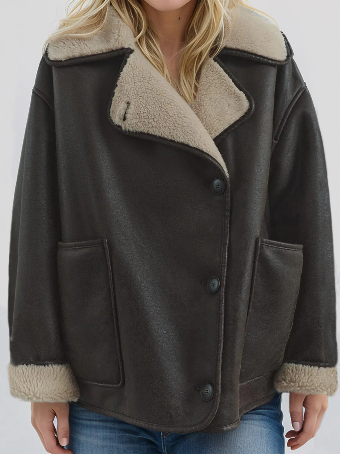 Collared Neck Long Sleeve Plush Jacket - Image 4