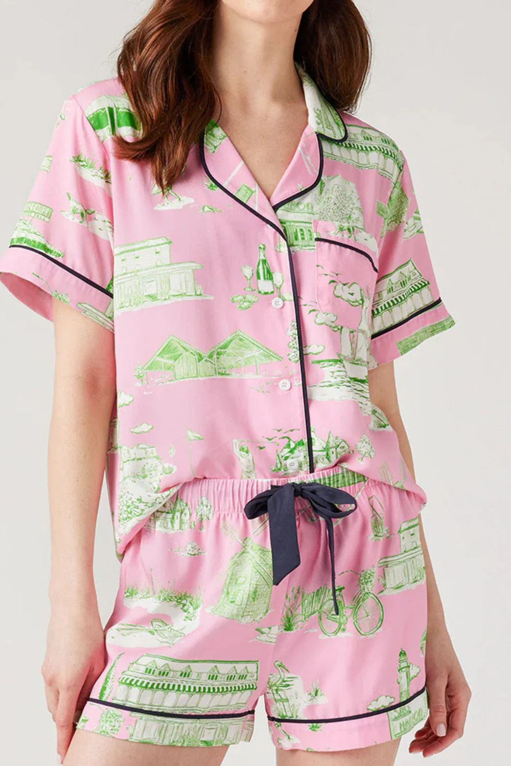 Collared Neck Printed Top and Drawstring Shorts Lounge Set - Image 2