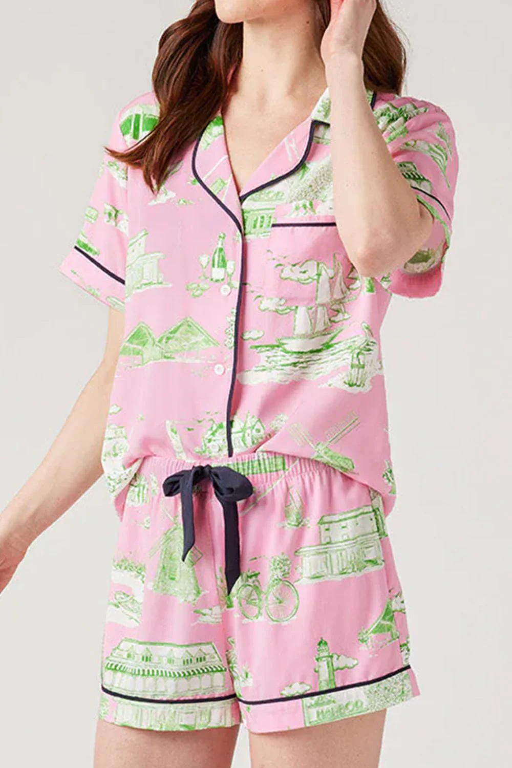 Collared Neck Printed Top and Drawstring Shorts Lounge Set - Image 3