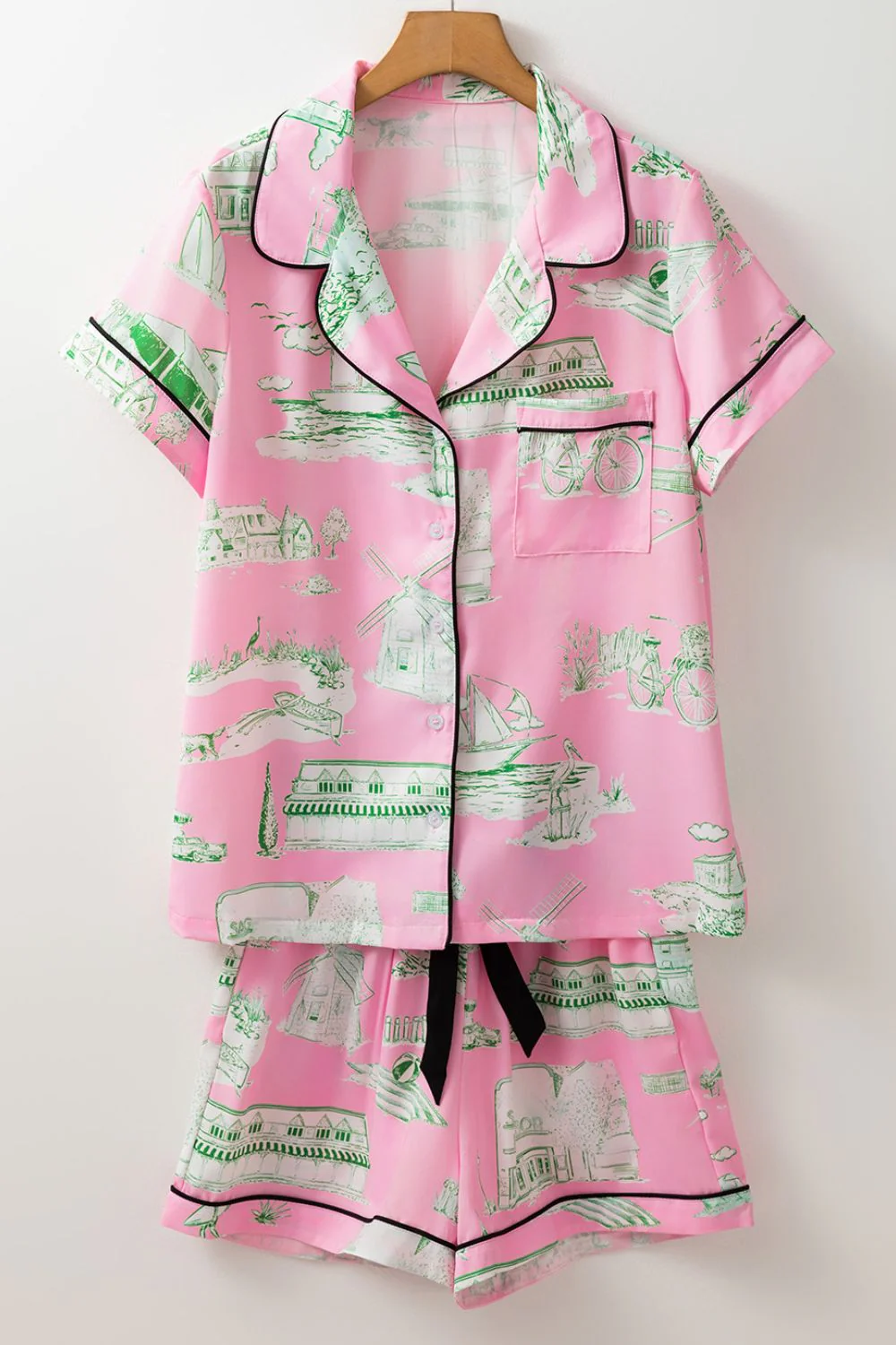 Collared Neck Printed Top and Drawstring Shorts Lounge Set - Image 4