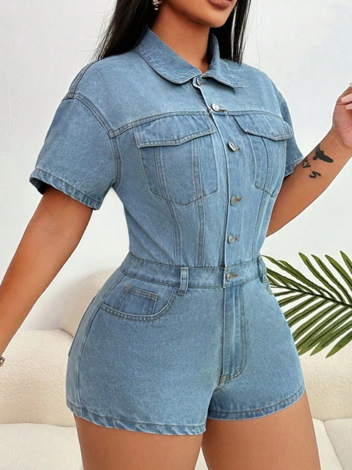 Collared Neck Short Sleeve Denim Romper - Image 3