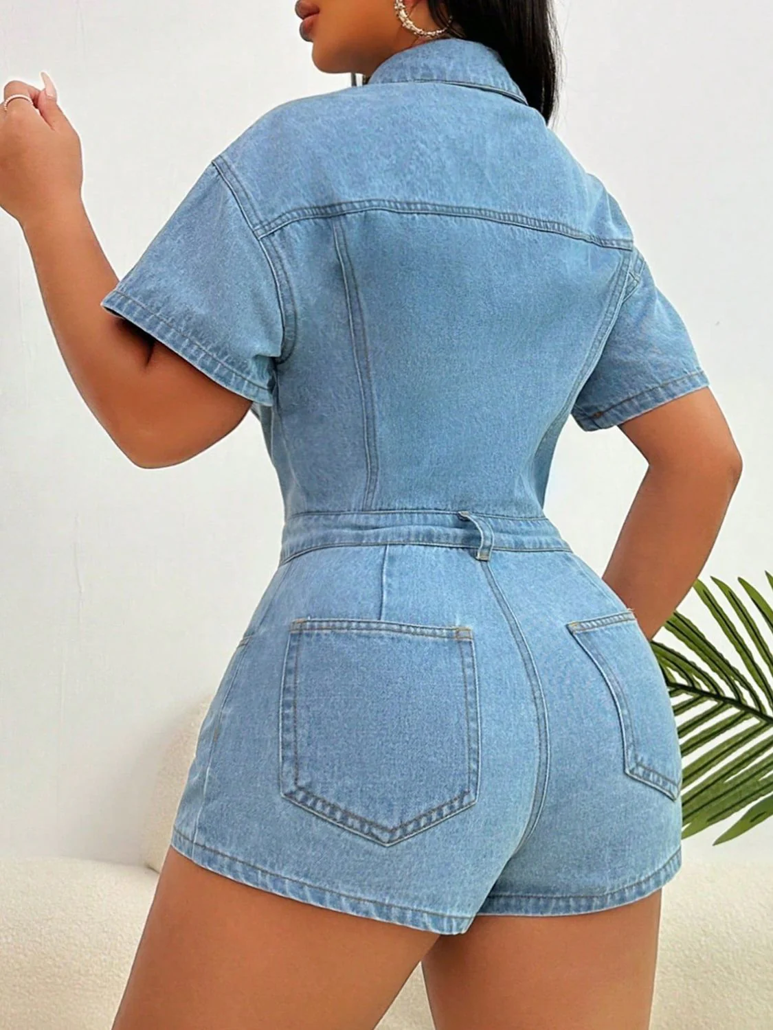Collared Neck Short Sleeve Denim Romper - Image 5