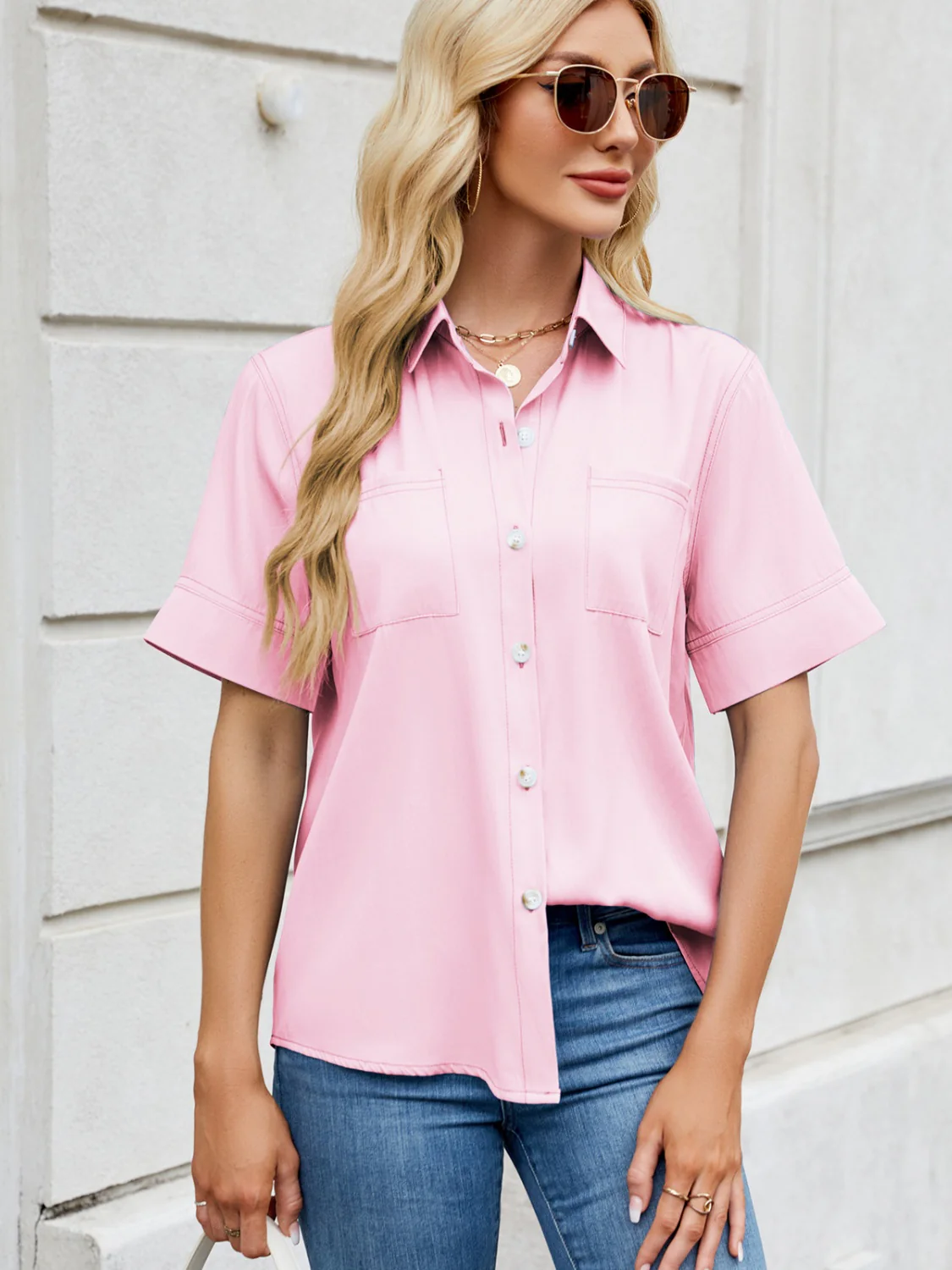 Collared Neck Short Sleeve Shirt - Image 16