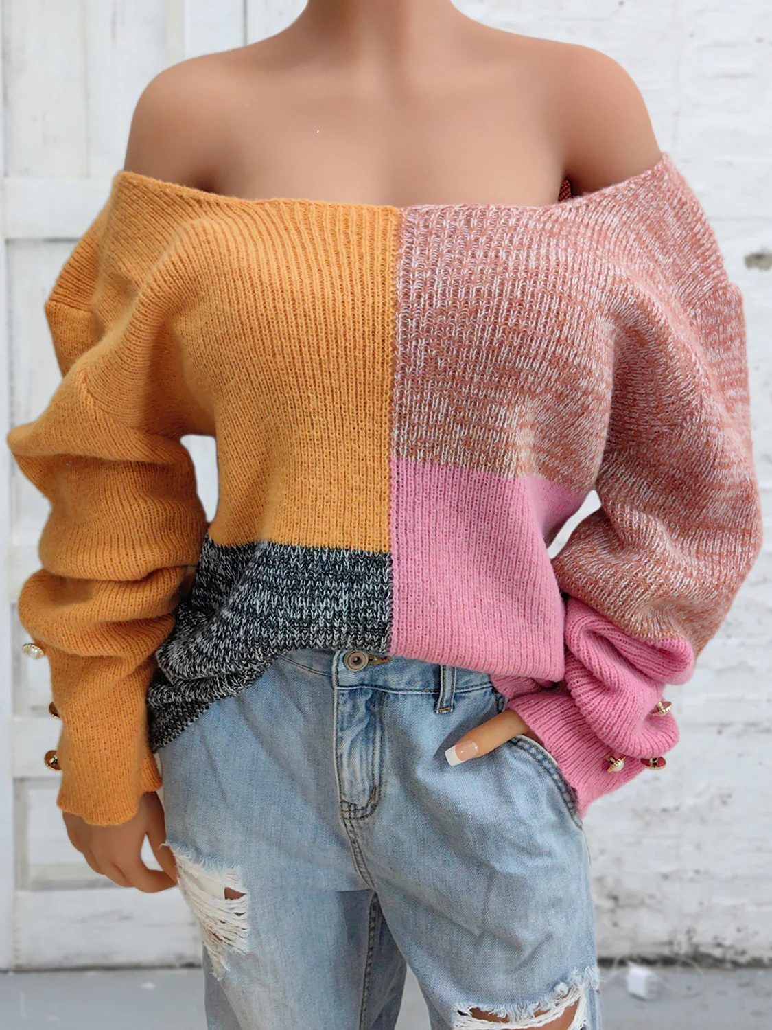Color Block Decorative Button Long Sleeve Sweater - Image 3