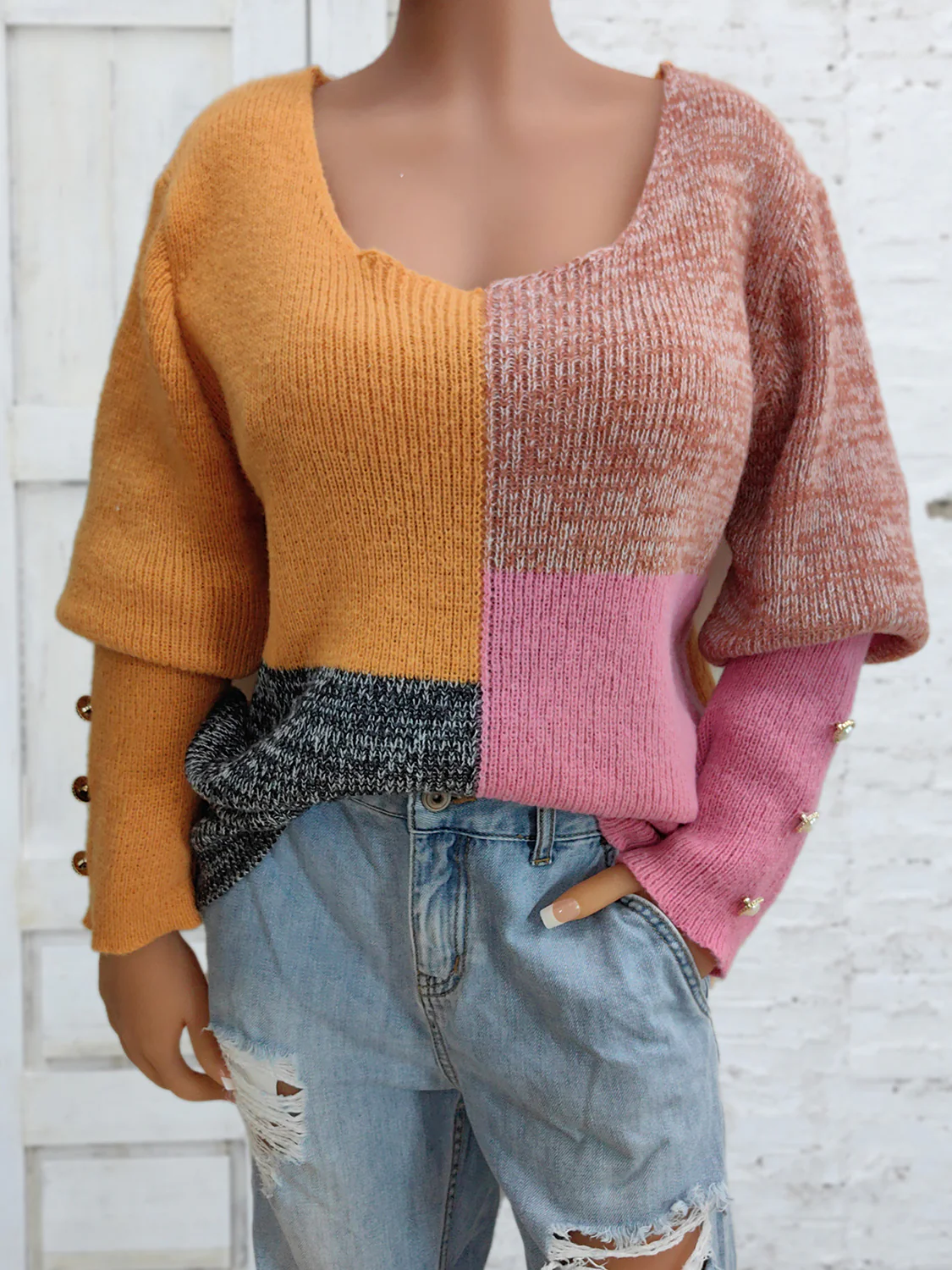 Color Block Decorative Button Long Sleeve Sweater - Image 4