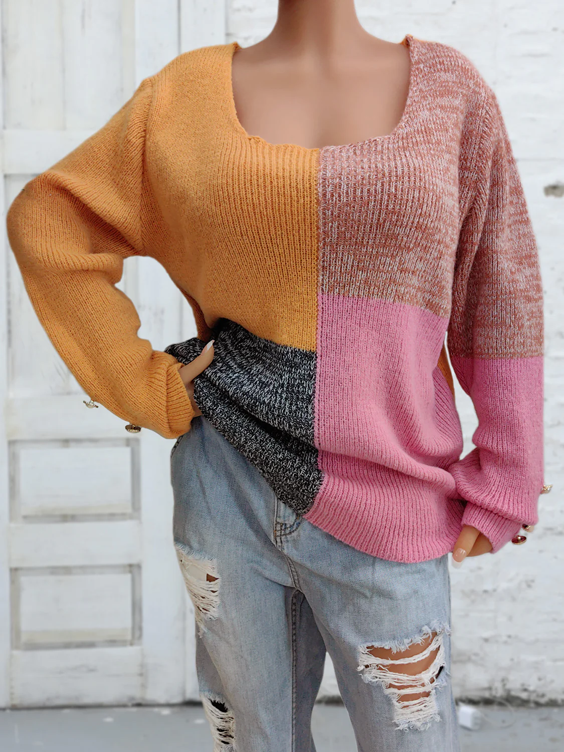 Color Block Decorative Button Long Sleeve Sweater - Image 5