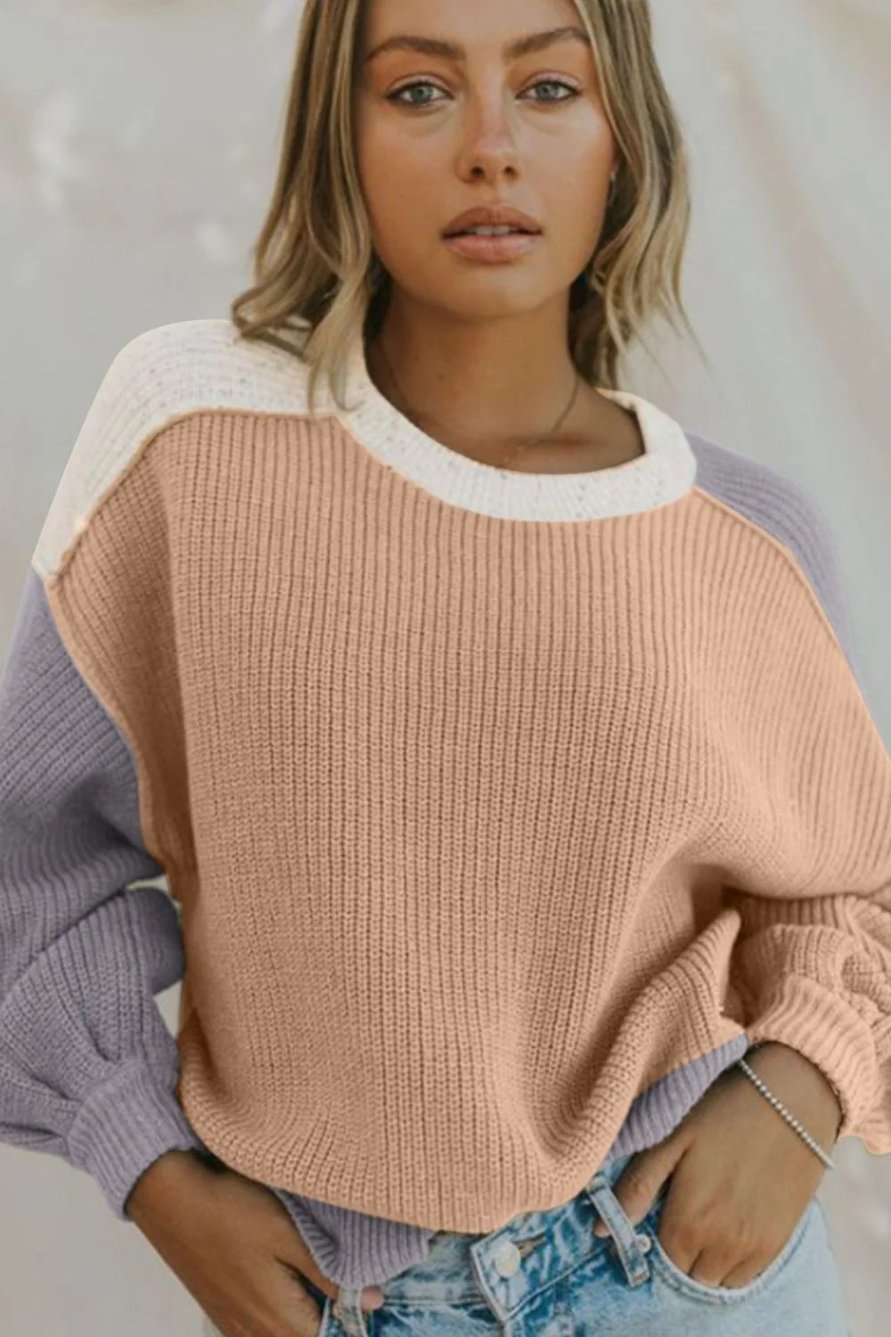 Color Block Round Neck Drop Shoulder Sweater - Image 5