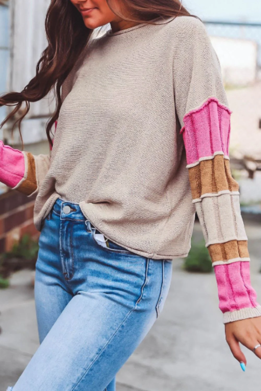 Color Block Round Neck Long Sleeve  Sweater - Image 3