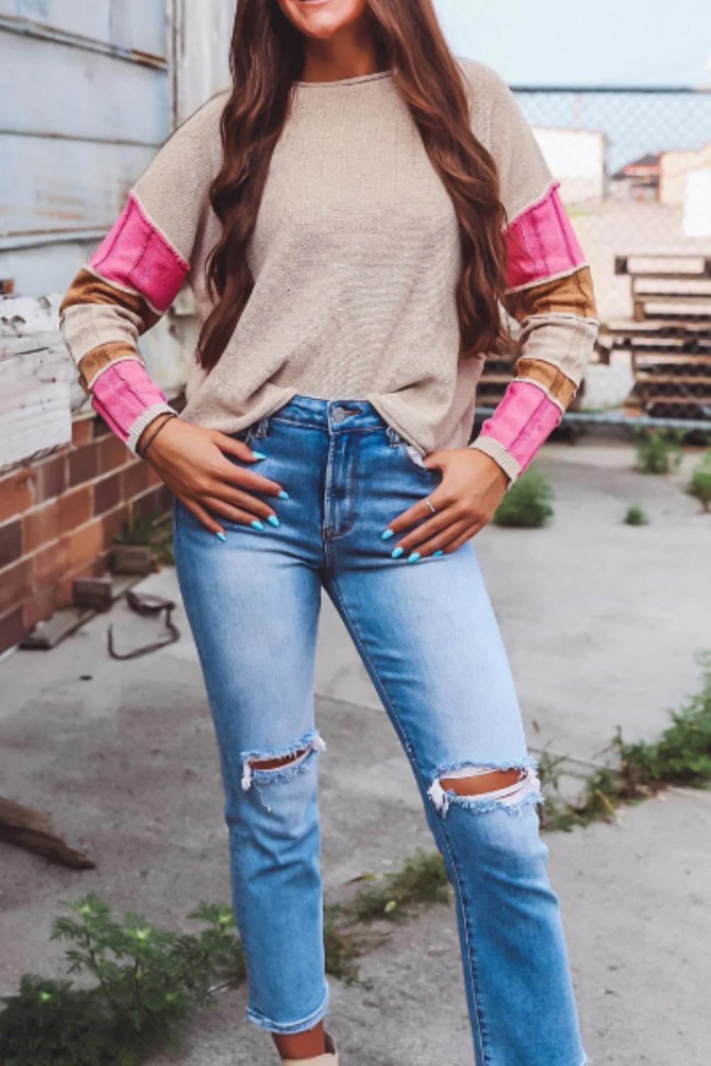Color Block Round Neck Long Sleeve  Sweater - Image 4