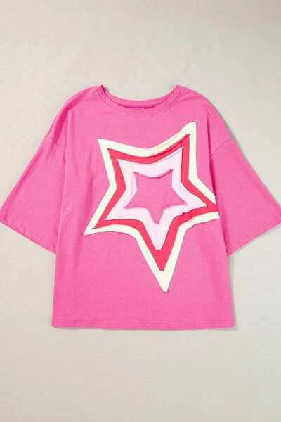 Color Block Star Patched Oversized T-Shirt - Image 4