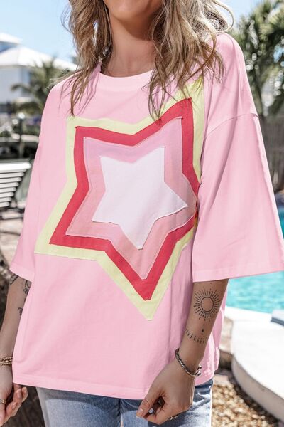 Color Block Star Patched Oversized T-Shirt - Image 8