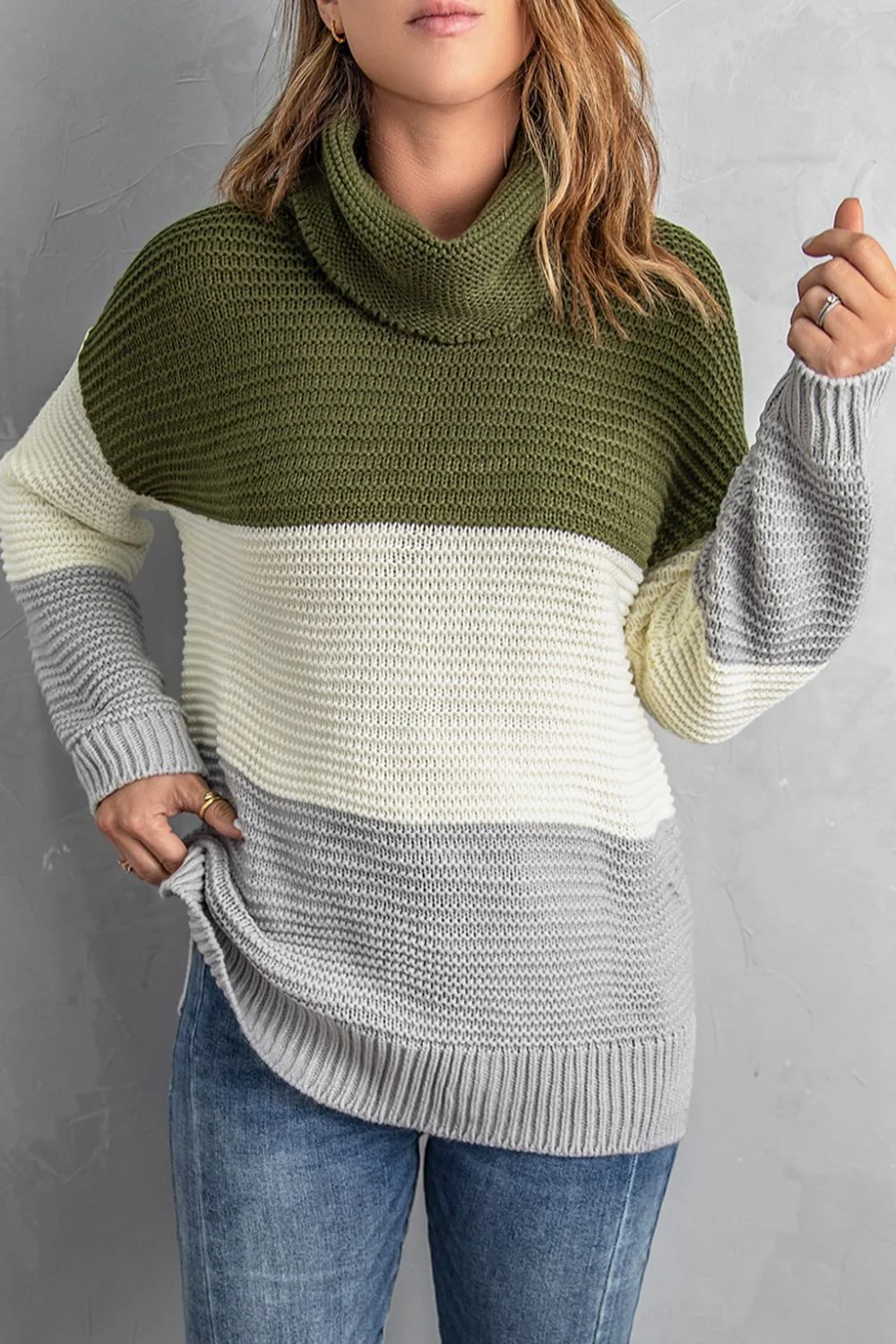 Color Block Turtleneck Long Sleeve Sweater - Image 2
