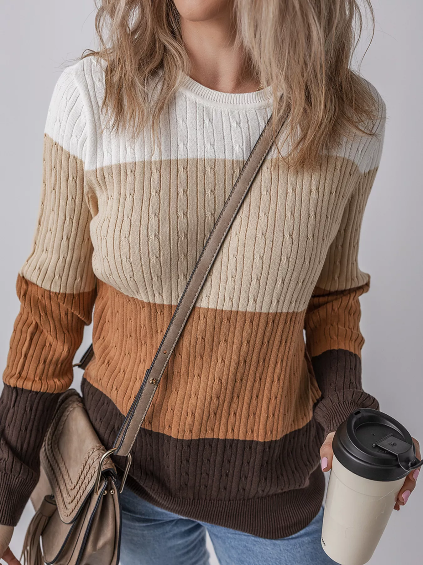 Colorblock Cable Knit Round Neck Sweater - Image 4