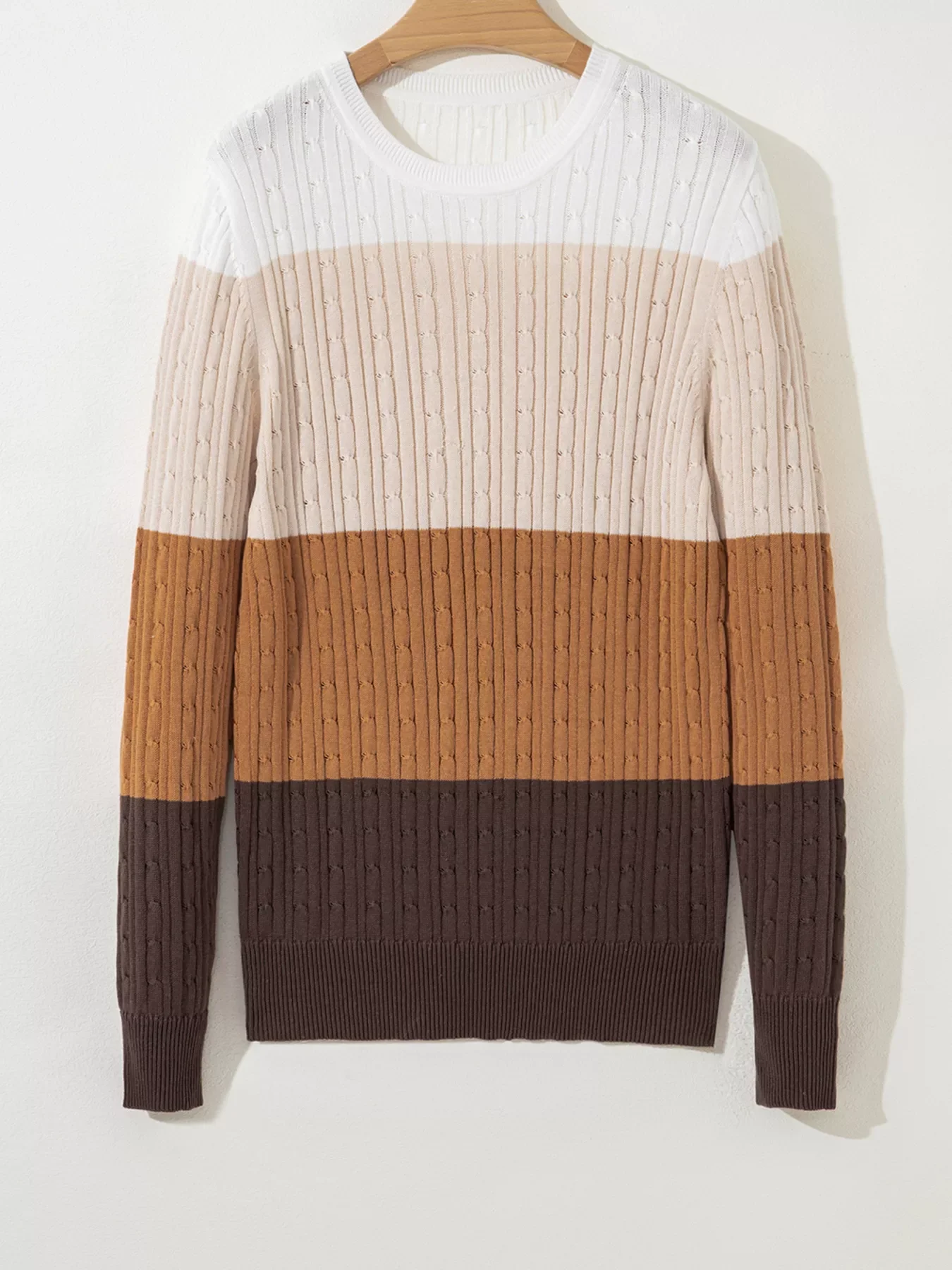 Colorblock Cable Knit Round Neck Sweater - Image 6