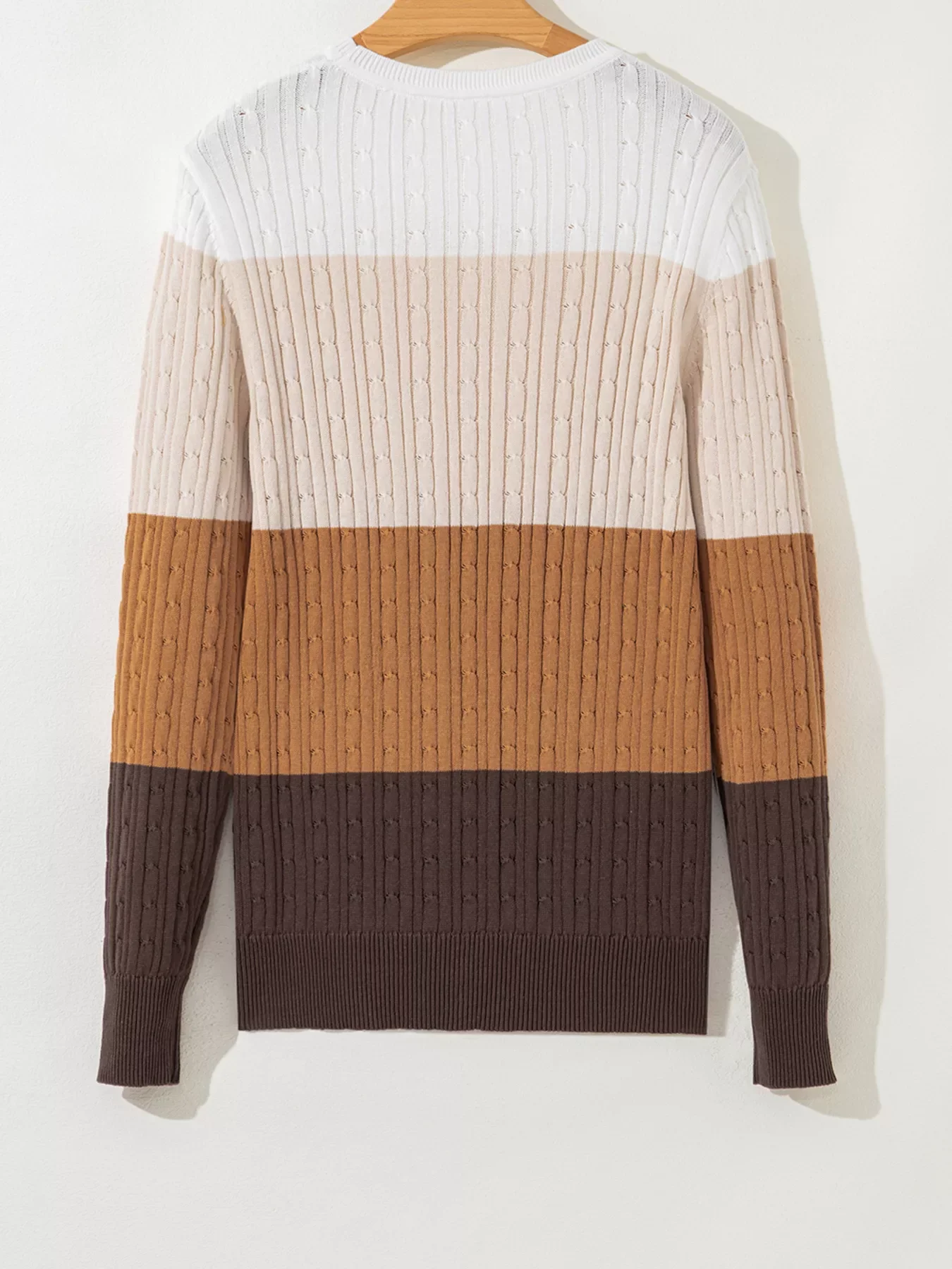 Colorblock Cable Knit Round Neck Sweater - Image 7