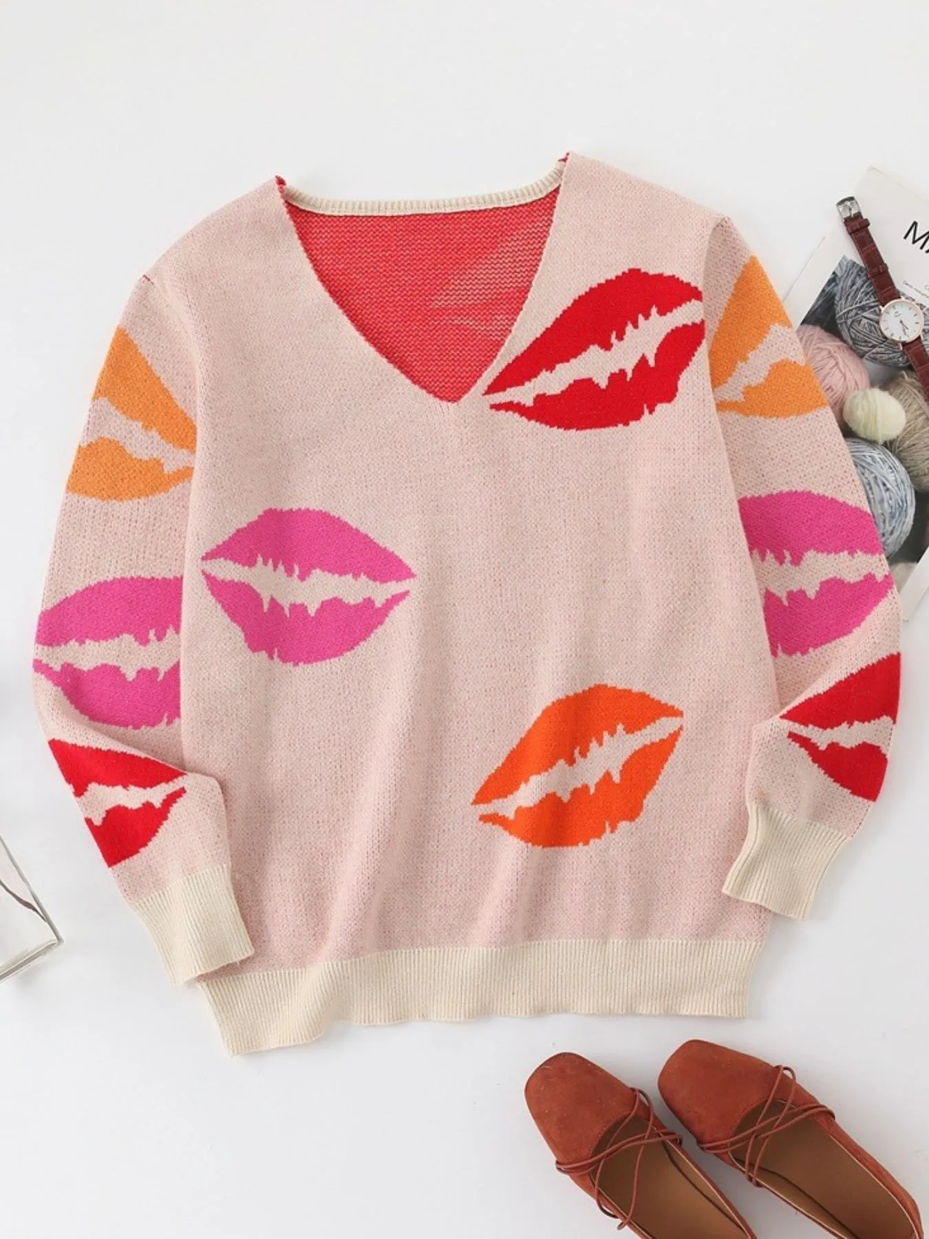 Colorful Lips V-Neck Sweater - Image 3