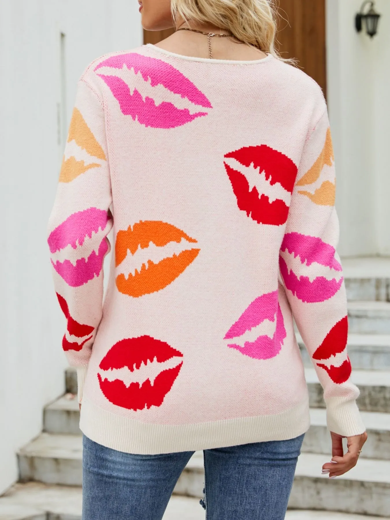 Colorful Lips V-Neck Sweater - Image 4