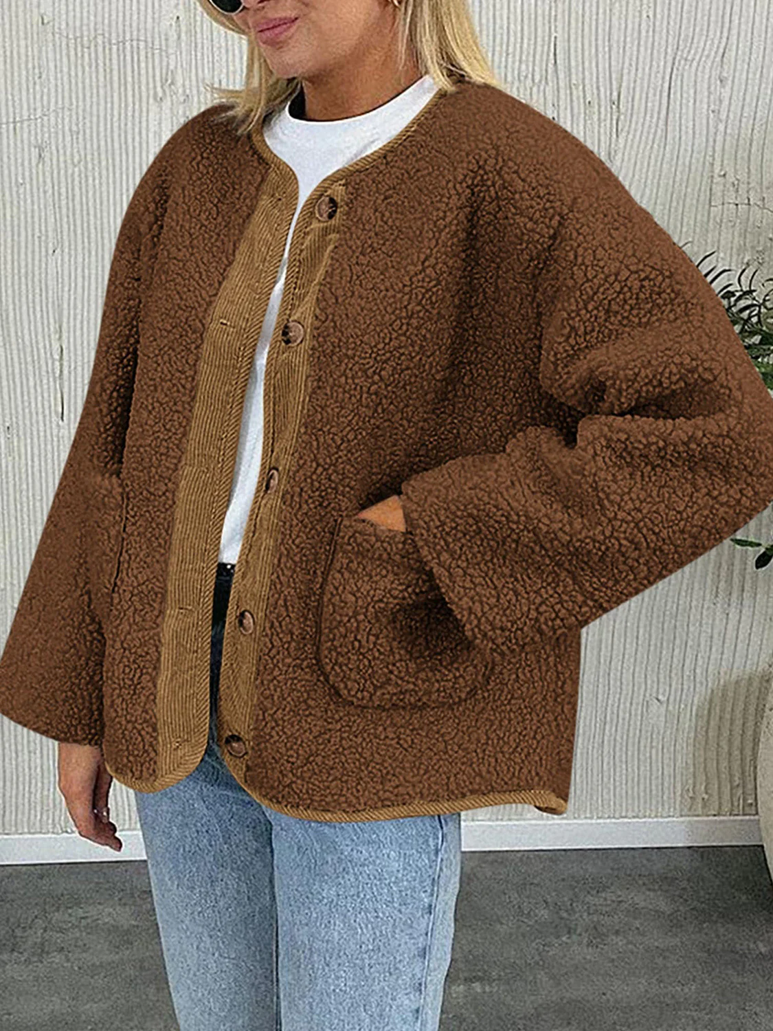 Contrast Button Up Sherpa Jacket with Pockets - Image 17