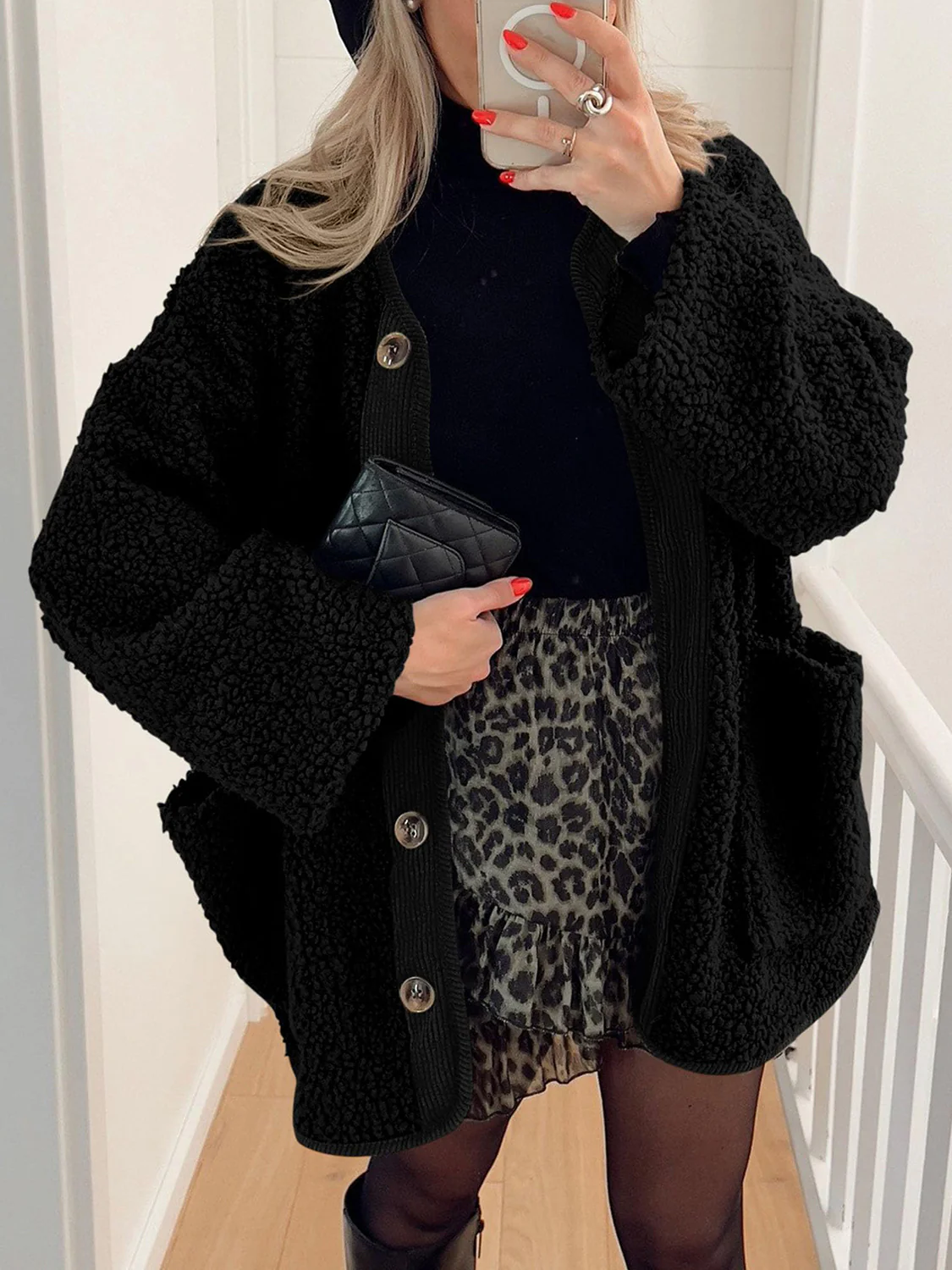 Contrast Button Up Sherpa Jacket with Pockets - Image 25