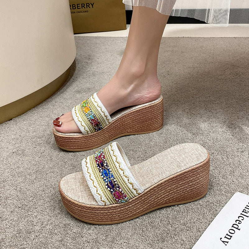 Contrast Cloth Wedge Sandals - Image 4