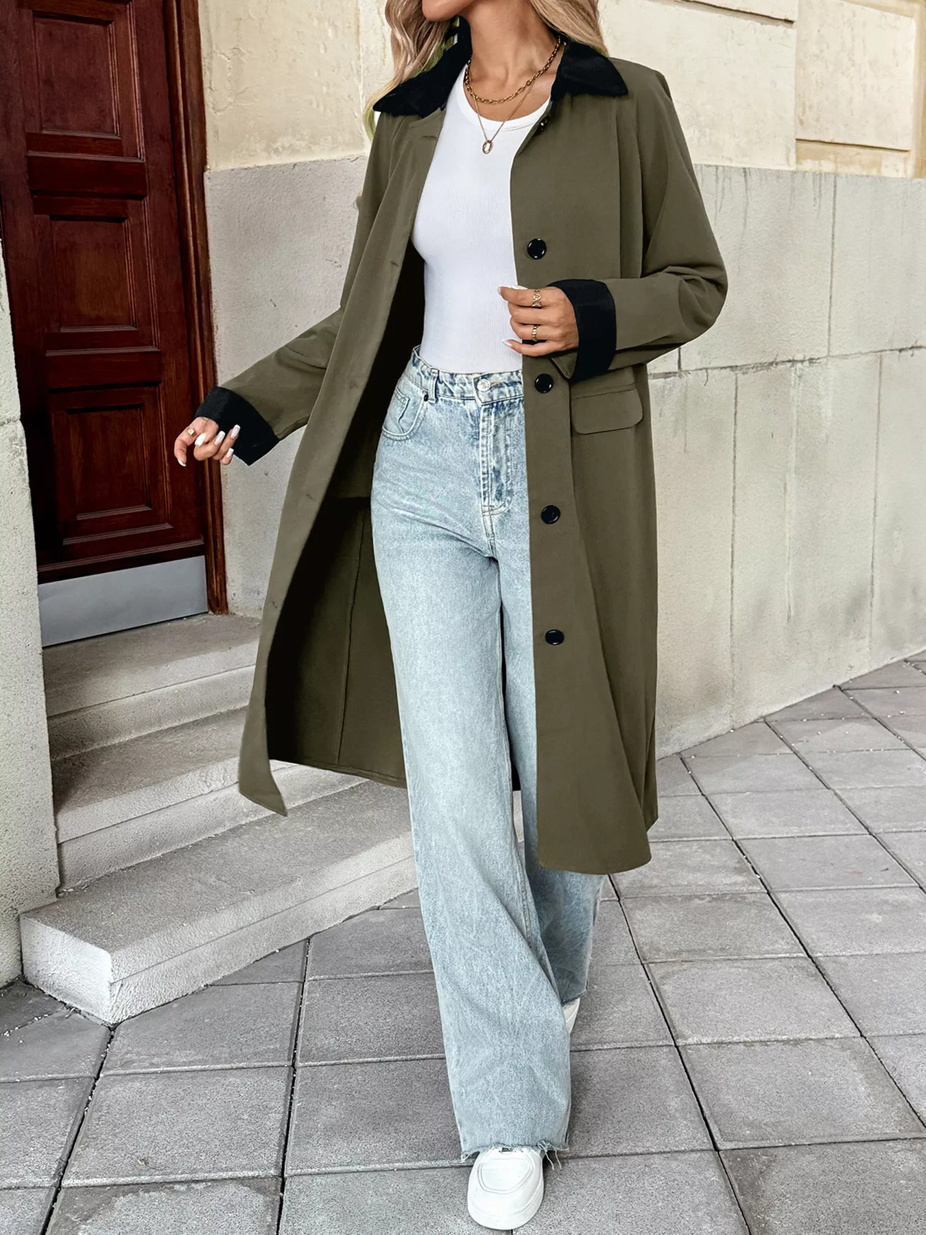 Contrast Collar Button Up Coat - Image 3