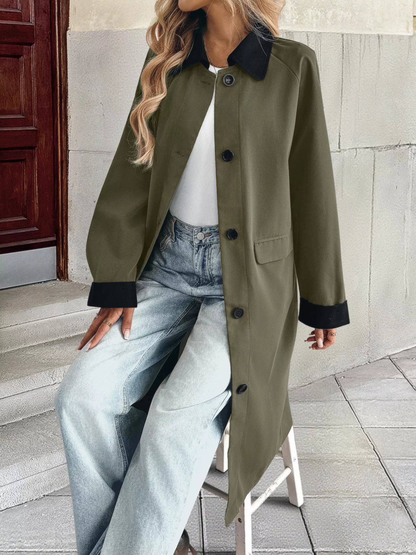 Contrast Collar Button Up Coat - Image 4