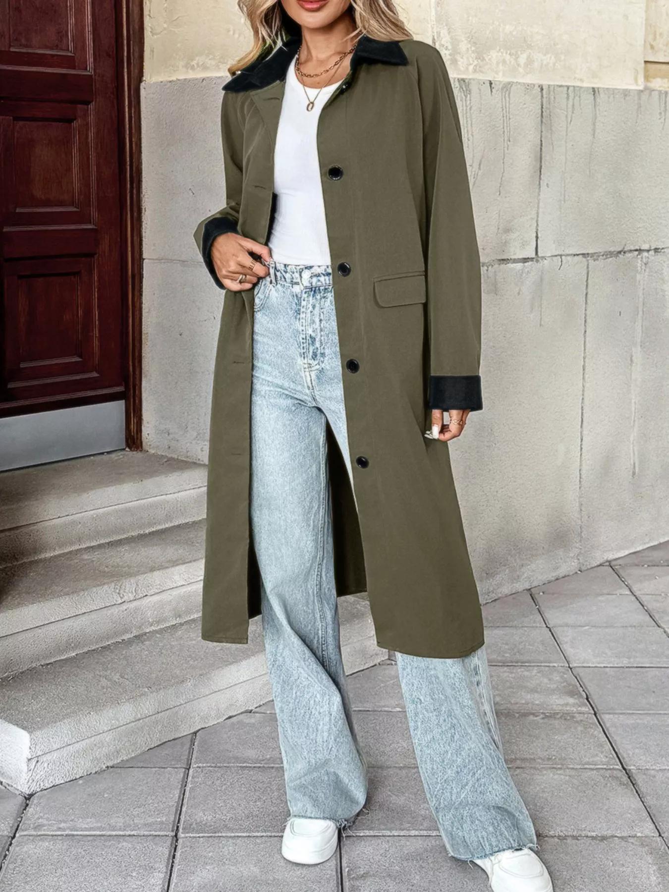Contrast Collar Button Up Coat - Image 5