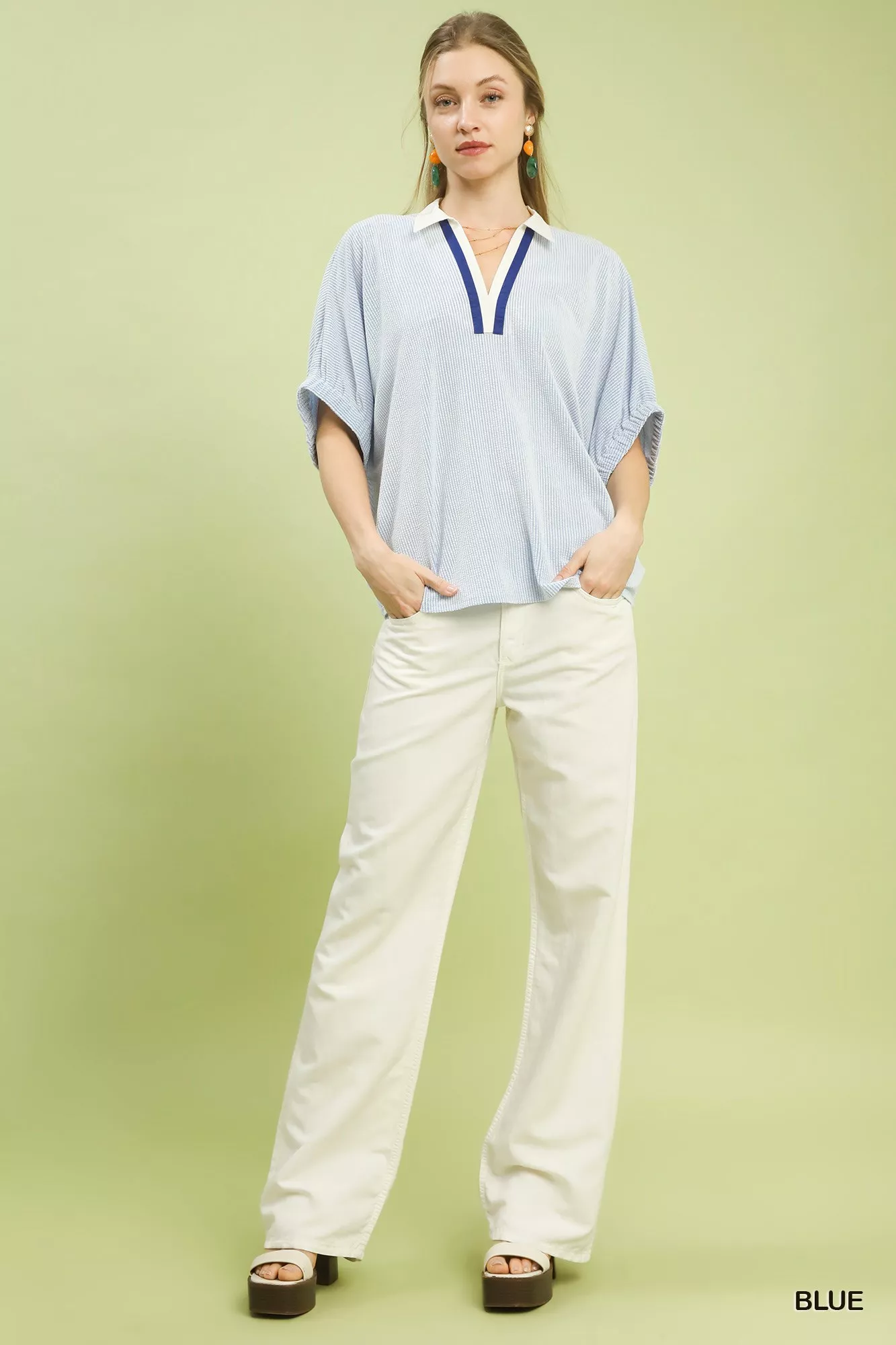 Contrast Collar V-Neck Top - Image 2