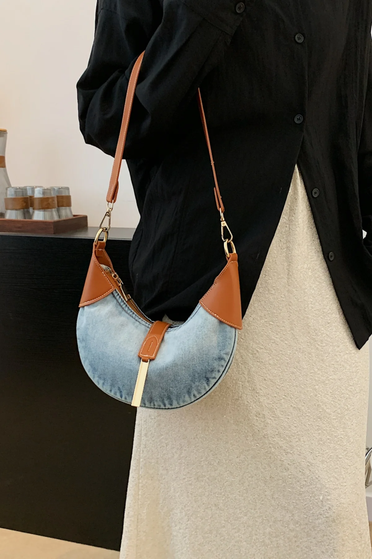 Contrast Denim Shoulder Bag - Image 2