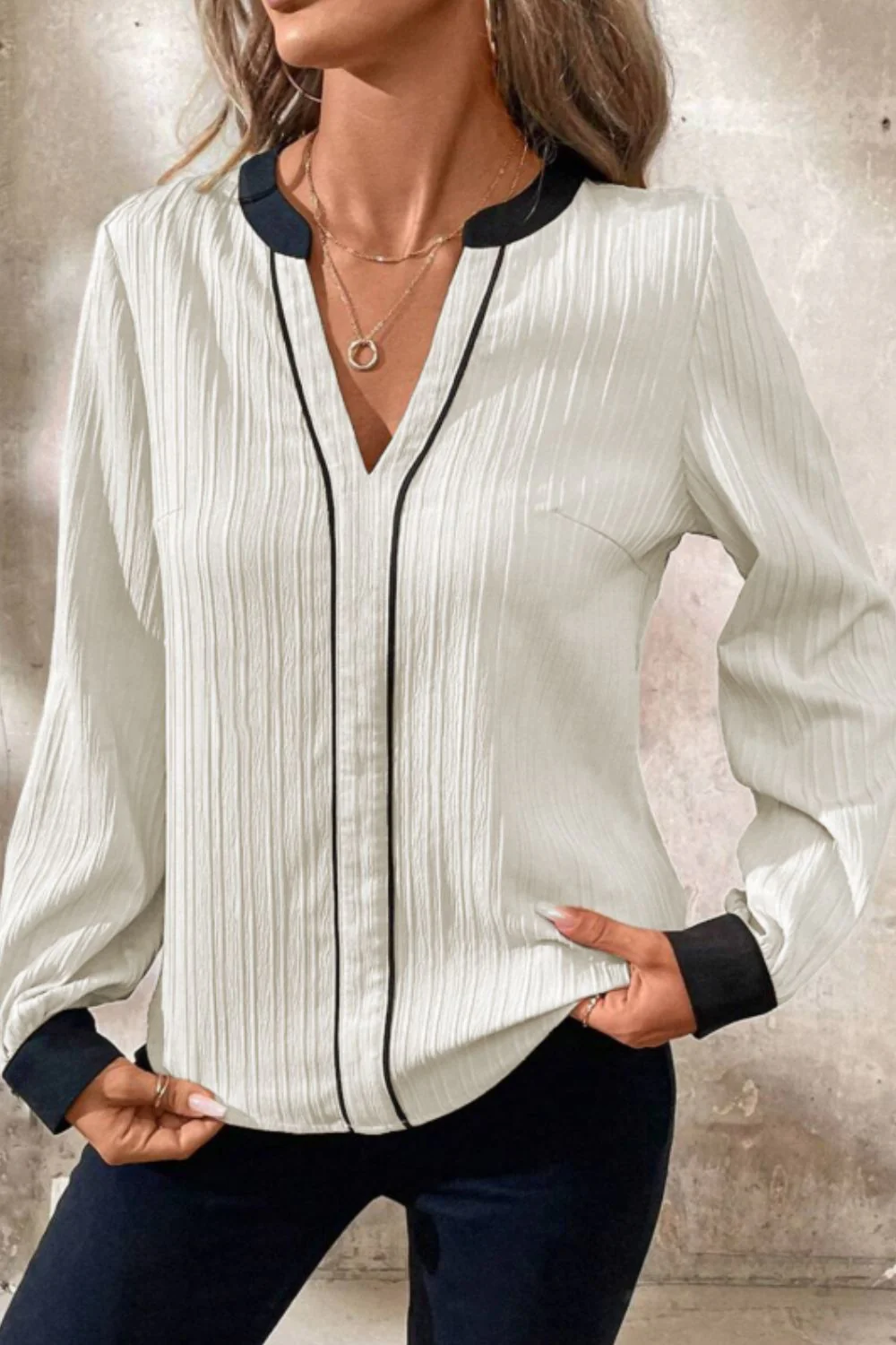 Contrast Notched Long Sleeve Blouse - Image 2