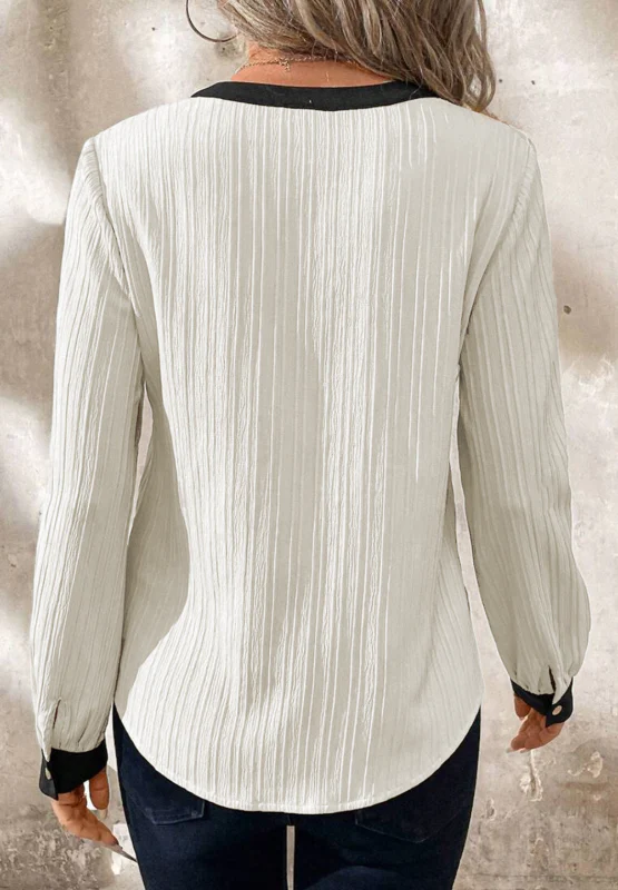 Contrast Notched Long Sleeve Blouse - Image 5